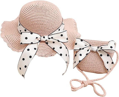 Toddler Girls Summer Straw Hat Wide Brim Floppy Beach Straw Bucket Hat with Bowknot Sun Protection Hats for Kids Girls 2-5 T