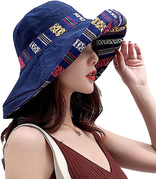 Women Cotton Wide Brim Sun Hats Metal Wired Edge Summer UV Protection UPF Boho Hat for Beach Hiking Garden Travel Chin Strap