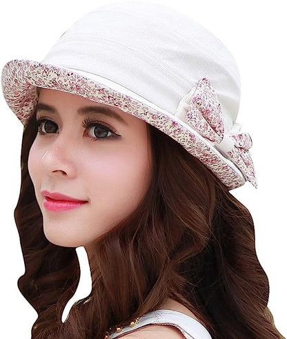 Women's Foldable Floral Bucket Hat Rolled Brim with Bowknot