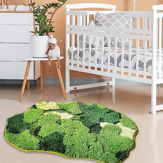 Cute 3D Green Moss Aesthetic Area Rug for Bedroom Living Room Small Throw Shag Fluffy Carpet Bedside Mat Leaf Boho Kids Playing Nursery Room Decor Washable Rugs 20 * 32