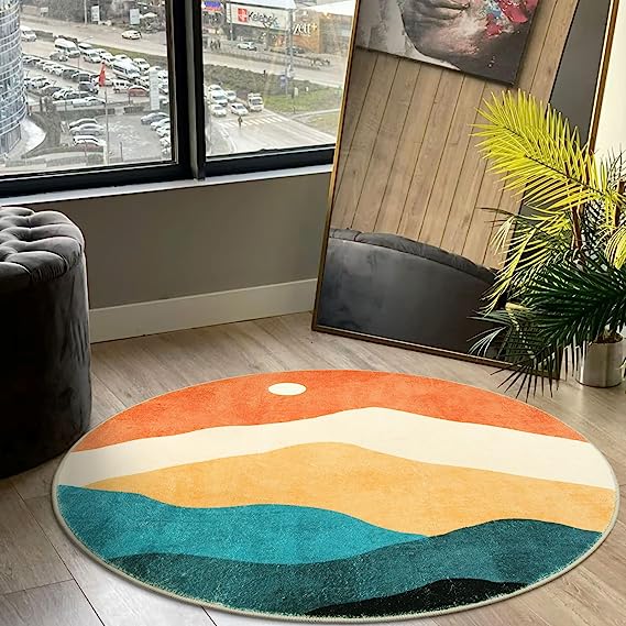 5 ft Abstract Round Rugs for Bedroom, Washable Non-Slip Circle Rug, Soft Colorful Low-Pile Floor Mat, Durable Indoor Throw Rugs for Living Room, Kidsroom, Entryway, Dining Room, Foyer
